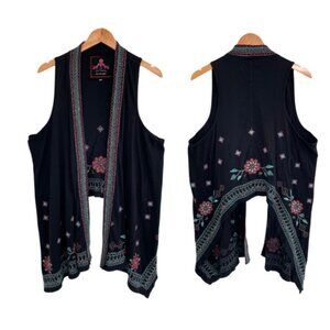 Johnny Was Black Multicolored Embroidered Open Front Vest, Sz L